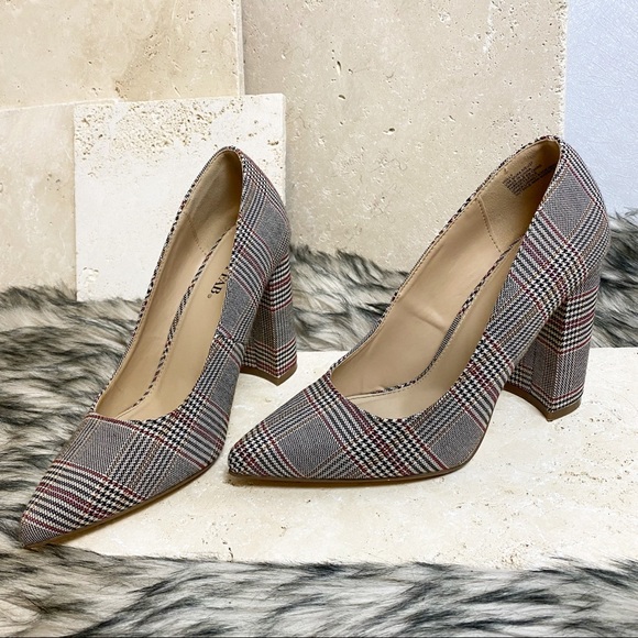JustFab Grey Plaid Pointed Toe Chunky Block Heel Pump Tartan Holly - Picture 1 of 7